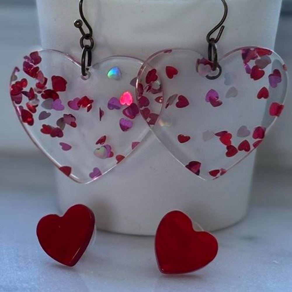 Heart-Shaped Red and Pink Earrings set of 2